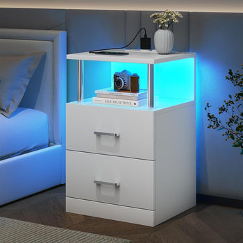 DE.SIKAIC Nachttische Weiß / Holzspanplatte / Modern Nachttisch mit Ladestation und LED-Leuchten moderner Beistelltisch für Schlafzimmer weiß