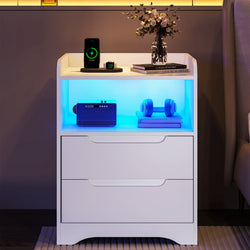 DE.SIKAIC Nachttische Weiß / Holzwerkstoff / Modern Nachttisch 2er-Set mit Ladefunktion und LED-Licht, Weiß