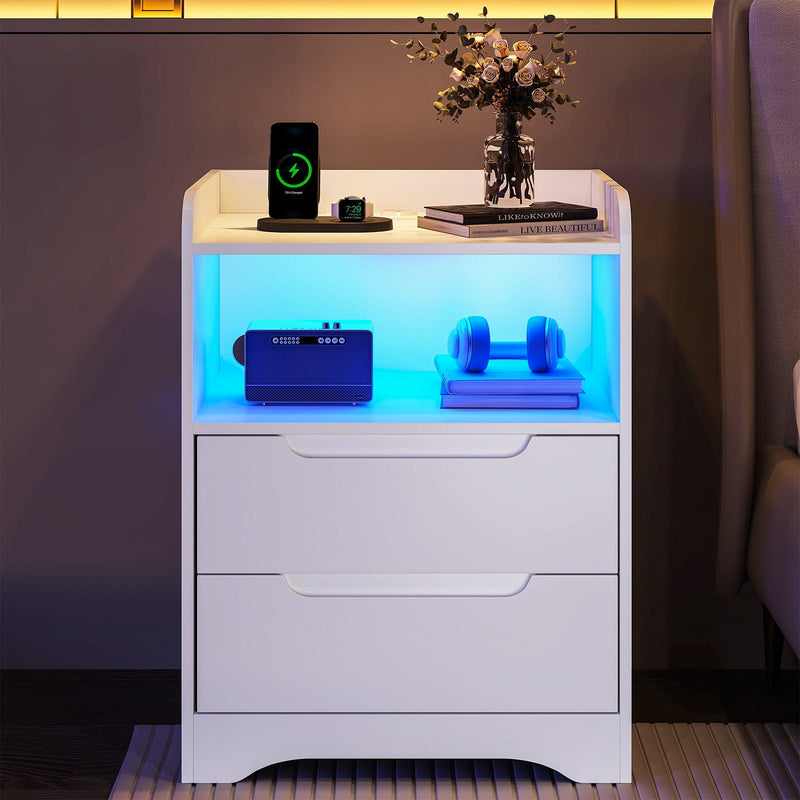 DE.SIKAIC Nachttische Weiß / Holzwerkstoff / Modern Nachttisch 2er-Set mit Ladefunktion und LED-Licht, Weiß