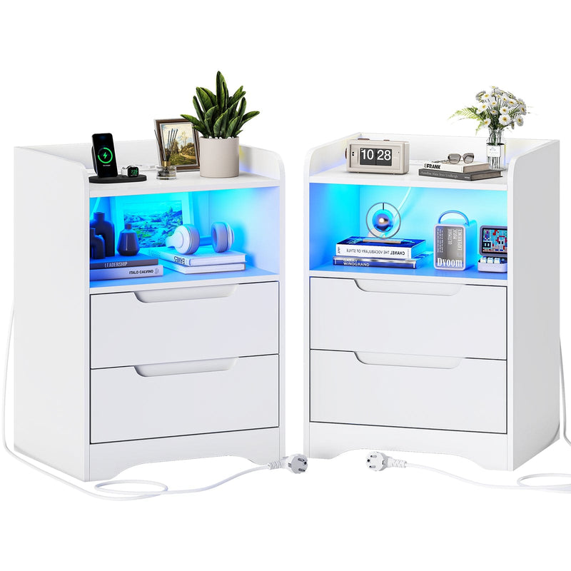 DE.SIKAIC Nachttische Weiß / Holzwerkstoff / Modern Nachttisch 2er-Set mit Ladefunktion und LED-Licht, Weiß