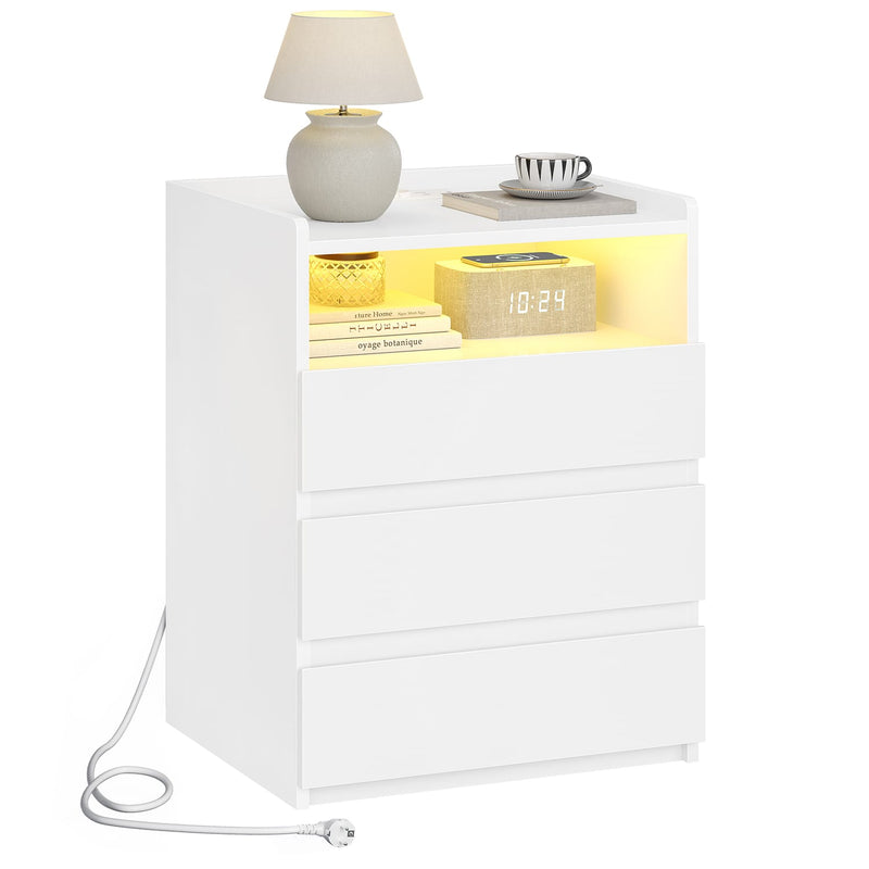 DE.SIKAIC Nachttische Weiß / Modern / Holz Moderner LED-Nachttisch mit Steckdose und 3 Schubladen, Weiß