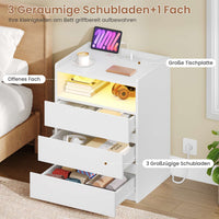 DE.SIKAIC Nachttische Weiß / Modern / Holz Moderner LED-Nachttisch mit Steckdose und 3 Schubladen, Weiß