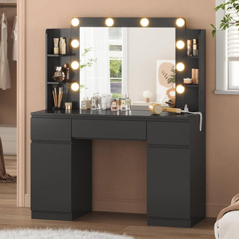 DE.SIKAIC Schminktische Schwarz / Holz / Modern Schminktisch mit Spiegel und 10 LED-Glühbirnen, Steckdosen und Schubladen Schwarz