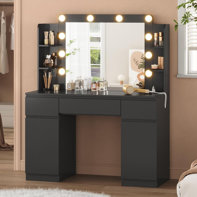 DE.SIKAIC Schminktische Schwarz / Holz / Modern Schminktisch mit Spiegel und 10 LED-Glühbirnen, Steckdosen und Schubladen Schwarz
