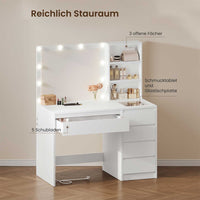 DE.SIKAIC Schminktische ‎Weiß / Holz / Modern Schminktisch mit Beleuchtung, Einstellbare Helligkeit, 5 Schubladen, Weiß