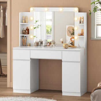 DE.SIKAIC Schminktische Weiß / Holz / Modern Schminktisch mit Spiegel und 10 LED-Glühbirnen, Steckdosen und Schubladen Weiß