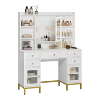 DE.SIKAIC Schminktische Weiß / Holzwerkstoff / Modern Schminktisch mit Spiegel Beleuchtung in 3 Farben und Steckdosen 5 Schubladen Weiß