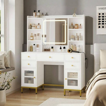 DE.SIKAIC Schminktische Weiß / Holzwerkstoff / Modern Schminktisch mit Spiegel und Licht, Beleuchtung in 3 Farben, 5 Schubladen, Steckdosen