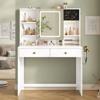 DE.SIKAIC Schminktische Weiß / Modern / Holzwerkstoff Schminktisch mit LED-Beleuchtung in 3 Farbe und einstellbare Helligkeit 2 Schubladen Weiß