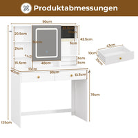DE.SIKAIC Schminktische Weiß / Modern / Holzwerkstoff Schminktisch mit LED-Beleuchtung in 3 Farbe und einstellbare Helligkeit 2 Schubladen Weiß