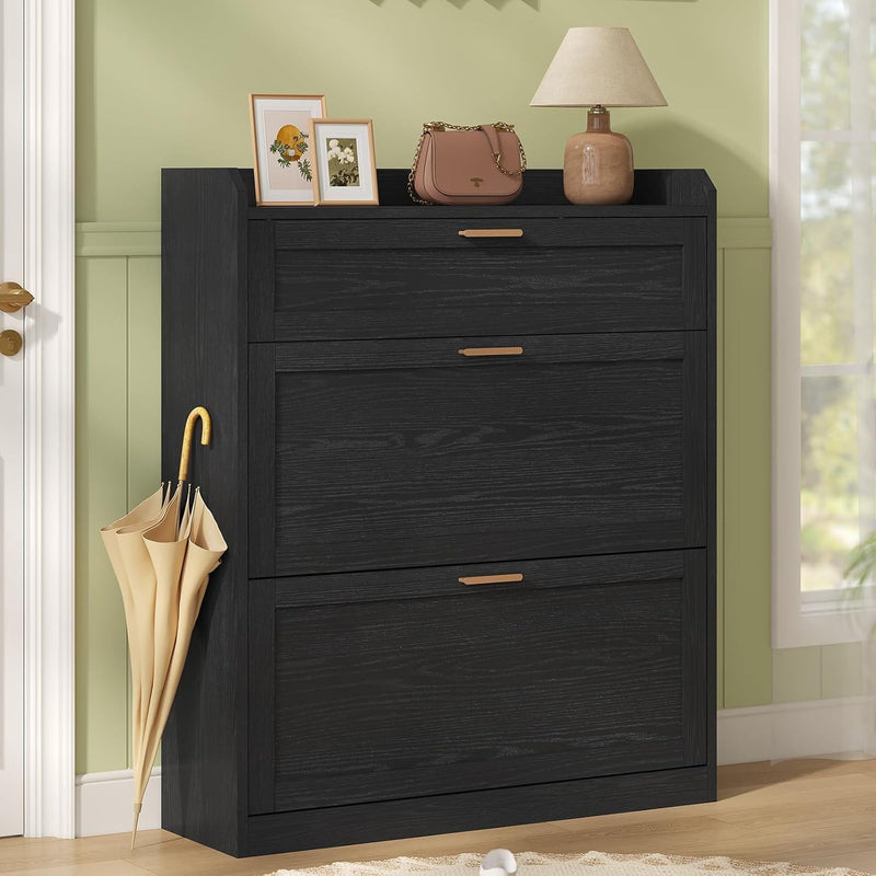 DE.SIKAIC Schuhschränke Schwarz / ‎24 x 80 x 104 cm / Holzwerkstoff Schuhschrank mit Trennwand Verstellbar, Schuhkipper Schmal Schwarz