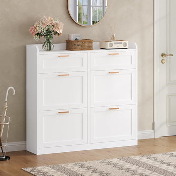 DE.SIKAIC Schuhschränke Weiß / Modern / Holzwerkstoff Schuhschrank mit 4 Klappen & 2 Schubladen & Trennwand Verstellbar, Schuhkipper Schmal,  24 x 100 x 103 cm, Weiß