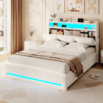 DE.SIKAIC Weiß / Engineered Wood / Twin Polsterbett 140 x 200 cm mit Steckdosen und LED-Beleuchtung, Doppelbett mit Stauraum im Kopfteil, Bouclé, Beige (Matratze nicht im Lieferumfang enthalten)