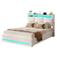 DE.SIKAIC Weiß / Engineered Wood / Twin Polsterbett 140 x 200 cm mit Steckdosen und LED-Beleuchtung, Doppelbett mit Stauraum im Kopfteil, Bouclé, Beige (Matratze nicht im Lieferumfang enthalten)