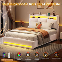 DE.SIKAIC Weiß / Engineered Wood / Twin Upholstered Bed 140 x 200 cm with Sockets and LED Lighting, Double Bed with Storage Headboard, Bouclé, Beige (Mattress Not Included)