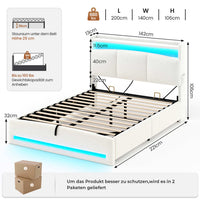 DE.SIKAIC Weiß / Engineered Wood / Twin Upholstered Bed 140 x 200 cm with Sockets and LED Lighting, Double Bed with Storage Headboard, Bouclé, Beige (Mattress Not Included)