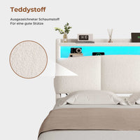DE.SIKAIC Weiß / Engineered Wood / Twin Upholstered Bed 140 x 200 cm with Sockets and LED Lighting, Double Bed with Storage Headboard, Bouclé, Beige (Mattress Not Included)