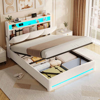 DE.SIKAIC Weiß / Engineered Wood / Twin Upholstered Bed 140 x 200 cm with Sockets and LED Lighting, Double Bed with Storage Headboard, Bouclé, Beige (Mattress Not Included)