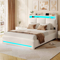 DE.SIKAIC Weiß / Engineered Wood / Twin Upholstered Bed 140 x 200 cm with Sockets and LED Lighting, Double Bed with Storage Headboard, Bouclé, Beige (Mattress Not Included)