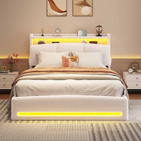 DE.SIKAIC Weiß / Engineered Wood / Twin Upholstered Bed 140 x 200 cm with Sockets and LED Lighting, Double Bed with Storage Headboard, Bouclé, Beige (Mattress Not Included)