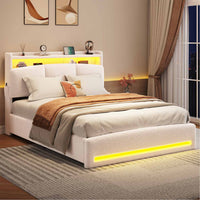 DE.SIKAIC Weiß / Engineered Wood / Twin Upholstered Bed 140 x 200 cm with Sockets and LED Lighting, Double Bed with Storage Headboard, Bouclé, Beige (Mattress Not Included)