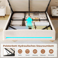 DE.SIKAIC Weiß / Engineered Wood / Twin Upholstered Bed 140 x 200 cm with Sockets and LED Lighting, Double Bed with Storage Headboard, Bouclé, Beige (Mattress Not Included)