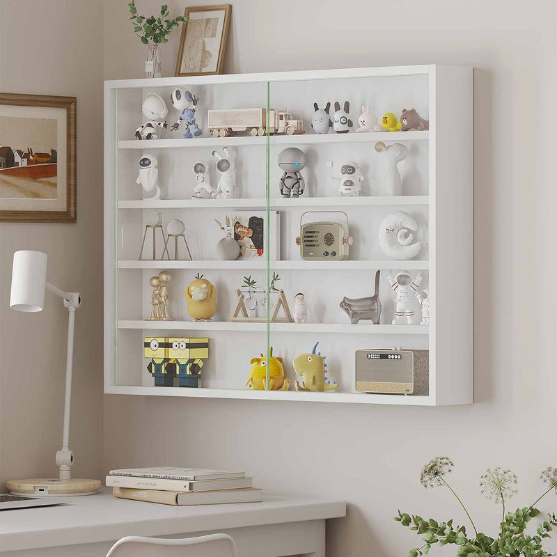 DE.SIKAIC Weiß / Holzwerkstoff / Modern Wohnzimmer-Wandvitrine für Sammlungen, mit Doppelglastüren, 5 Einlegeböden, LED-Beleuchtung, weiß